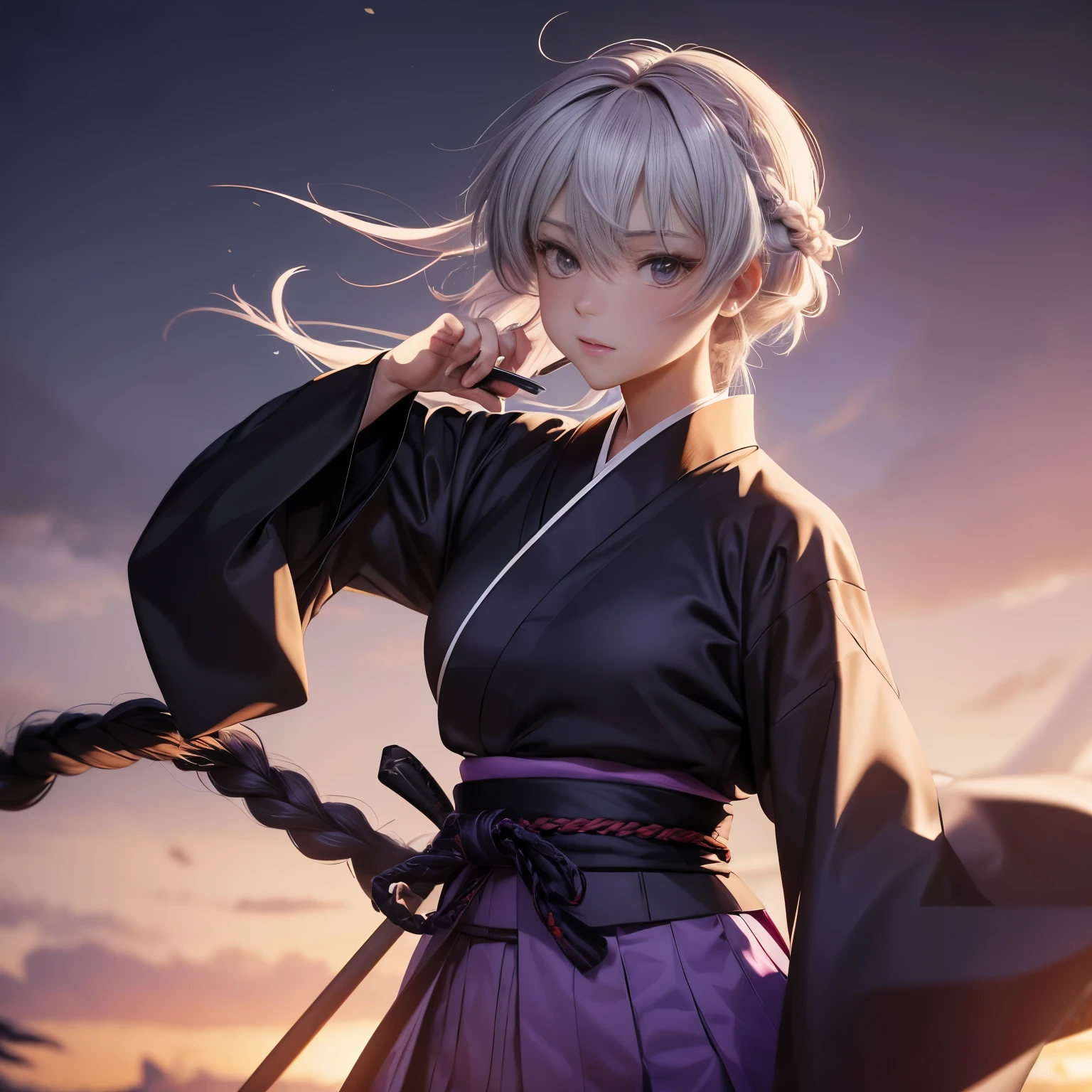 （（（Perfect figure，figure，long sleeves, japanese clothes, kimono, haori, black kimono, hakama, black hakama,（（（isane kotetsu, short hair, braid, white hair, (purple eyes:1.1), hair braid, ））），（（（wide hips））），S-shaped figure:1.7））），((masterpiece)),high resolution, ((Best quality at best))，masterpiece，quality，Best quality，（（（ Exquisite facial features，looking at the audience,There is light in the eyes，blush，Happy））），（（（Interlacing of light and shadow，huge ））），（（（looking into camera，fighting stance，holding knife in hand)）.