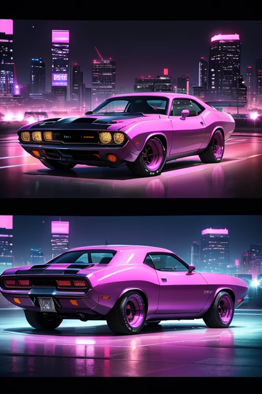 retrowave. city, 1970 Dodge Challenger, wide body kit, road, purple neon lights, sun, futuristic city, (masterpiece, detailed, highres), 