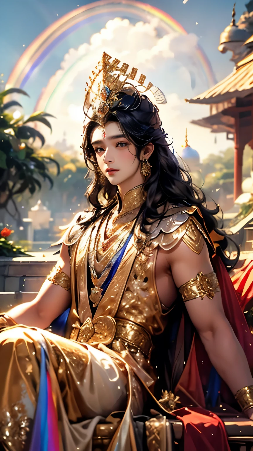 8k, masterpiece, a close up of Lord Krishna in a rainbow dress, perfect front body, bare thigh, ((very long hair)), a beautiful fantasy empress, peacock feathers, ((rainbow fantasy dress:1.5)), beautiful fantasy maiden, fantasy art style, trending on cgstation, beautiful and elegant indian prince, beautiful maiden, shining skin, intricate ornate anime cgi style, ((a beautiful rainbow empress)), beautiful alluring Realistic man, shining skin, in the park, sun shining, Realistic shadow, front capture, sitting,