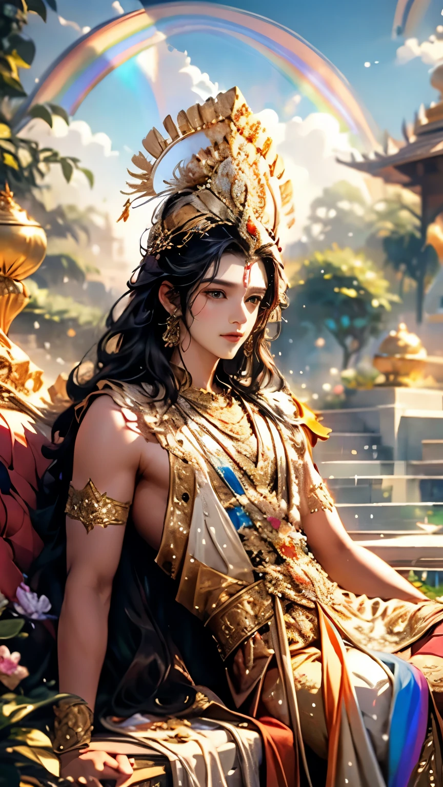 8k, masterpiece, a close up shot of Lord Krishna in a rainbow dress, perfect face, ((very long hair)), a beautiful fantasy empress, peacock feathers, ((rainbow fantasy dress:1.5)), beautiful fantasy maiden, fantasy art style, trending on cgstation, beautiful and elegant indian prince, beautiful maiden, shining skin, intricate ornate anime cgi style, ((a beautiful rainbow empress)), beautiful alluring Realistic man, shining skin, in the park, sun shining, Realistic shadow, front face, sitting,