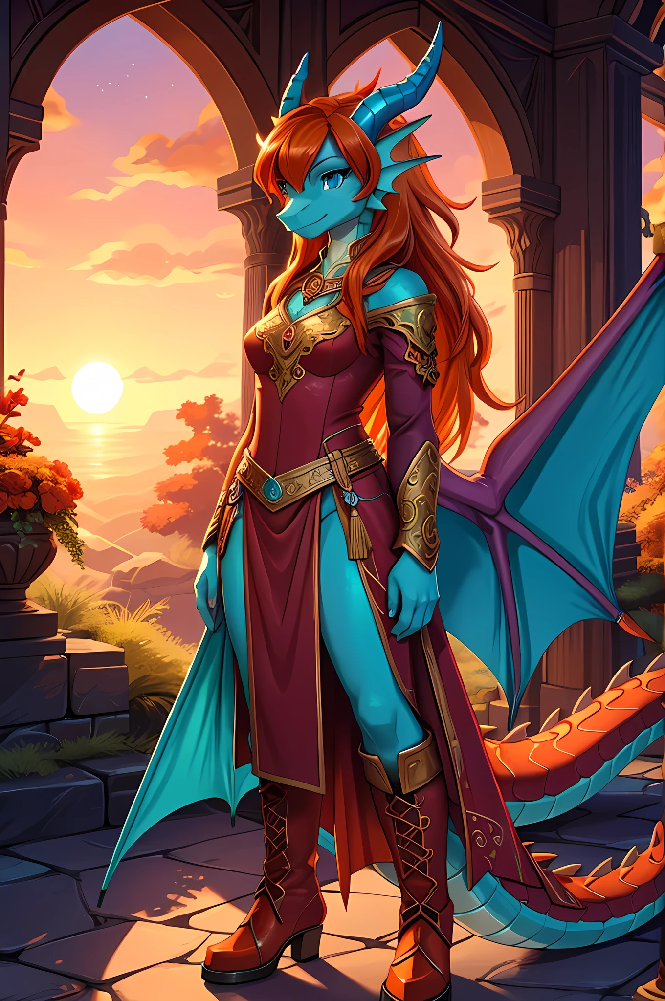 bright colors, fantasy style art, beautiful anthropomorphic female dragon, mature and young, tall character, 5 feet 11 inches tall, dragon body, dragon head, dragon snout, dragon eyes, dragon skin, long wavy bright orange hair, bright teal eyes, sparkling teal eyes looking at viewer, shapely body, skinny body, healthy body, orange scaly dragon skin, highly detailed scales, covered in orange scales, purple and red warrior outfit, ornate red clothes, fancy purple patterns and symbols, 2 red dress coattails hanging down her sides, high brown leather boots, long draping red sleeves, 2 large orange dragon wings, wings on both sides, orange dragon horns, standing in a fantasy forest, blue trees, sunset, high quality digital art, 2k, professional illustration, highly detailed