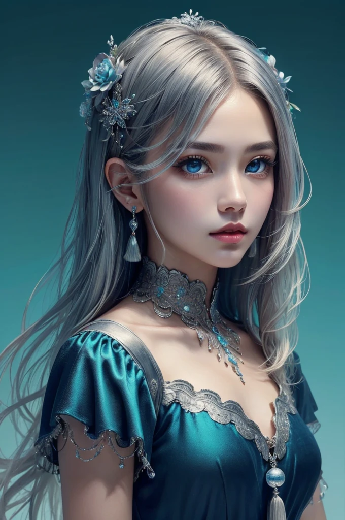 (masterpiece、highest quality、highest quality、Official Art、aesthetics:1.2)、(1 Girl:1.3)、(Fractal Art:1.3)、Beautiful aqua blue eyes、Beautiful Skin、Medium length hair with silver tassels、Velvet Sheen、ultra precise detailed