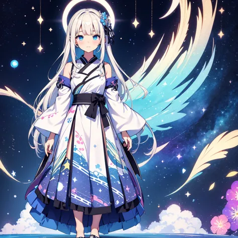 vtuber-fullbody、standing strait、super high quality、masterpiece、muste piece、1 girl, milky white smooth long hair　blue gradation、 ...