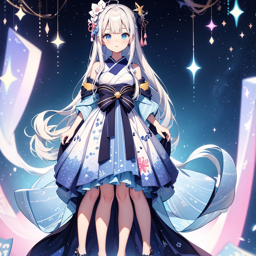 vtuber-fullbody、standing strait、super high quality、masterpiece、muste piece、1 girl, Milky white smooth long hair　blue gradation、 full body、A mini dress that is a remake of a galaxy-patterned yukata.、shoulder-length、 Waiting to start,Ultra-detailed eyes、Droopy and sparkling eyes、