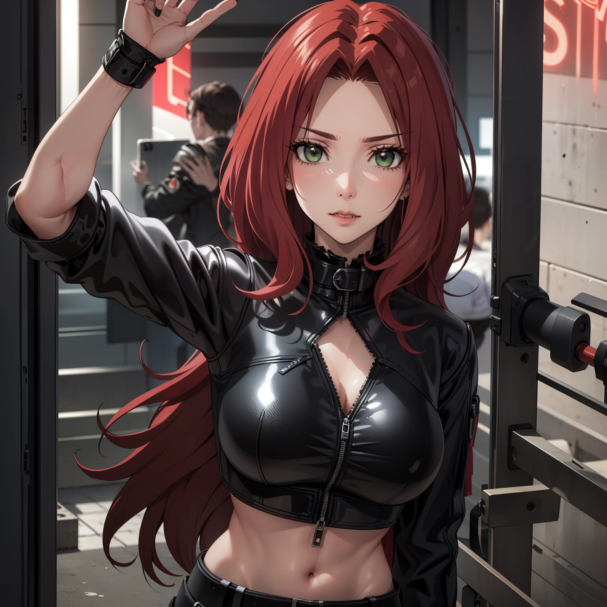 A 30-year-old woman, wavy red hair, clear skin, green eyes like emeralds, big breasts,  Cyberpunk glossy latex set negro,  selfie, , big breasts. Whole body. perfect hands.