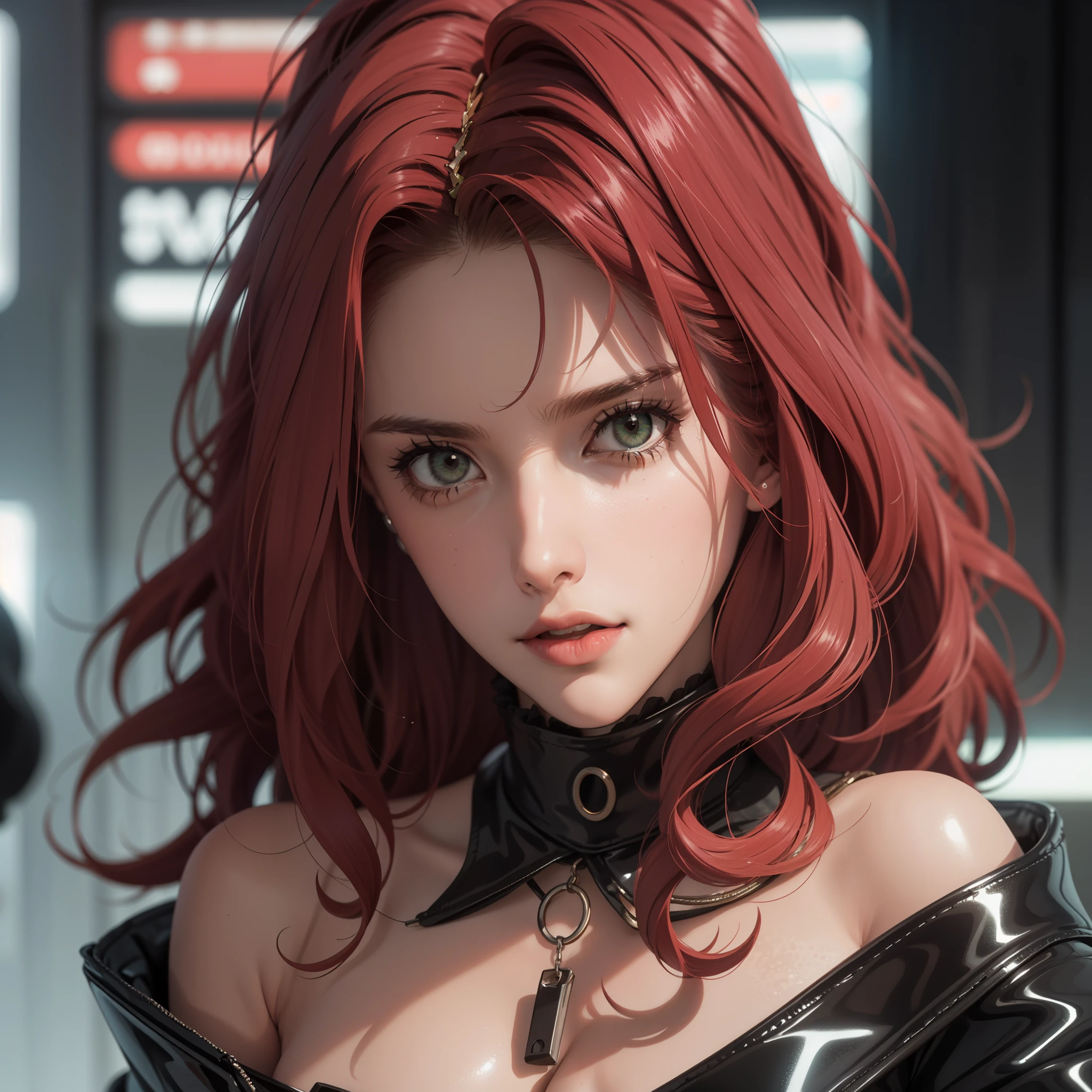 A 30-year-old woman, wavy red hair, clear skin, green eyes like emeralds, big breasts,  Cyberpunk glossy latex set negro,  selfie, , big breasts. Whole body. perfect hands.