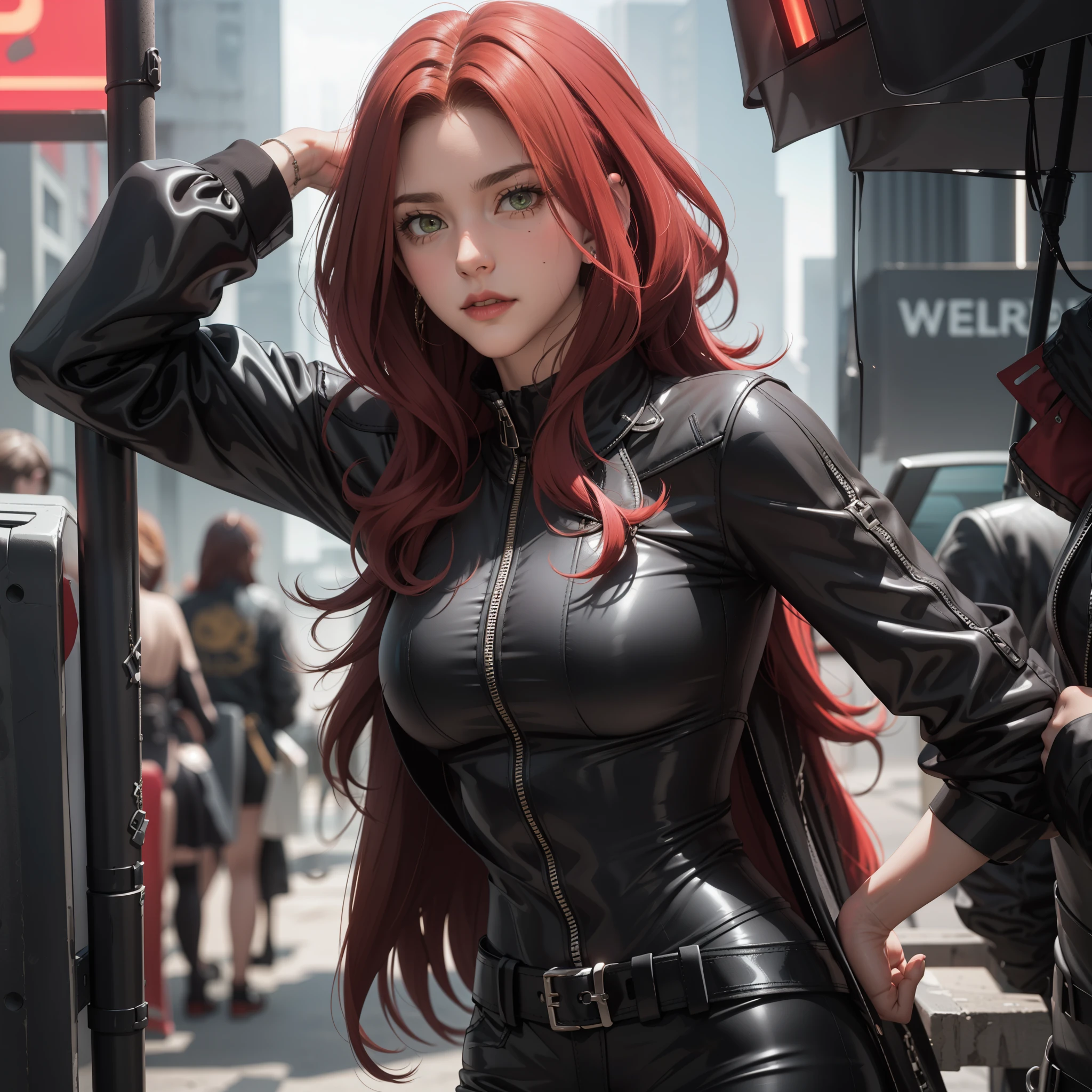 A 30-year-old woman, wavy red hair, clear skin, green eyes like emeralds, big breasts,  Cyberpunk glossy latex set negro,  selfie, , big breasts. Whole body. perfect hands.