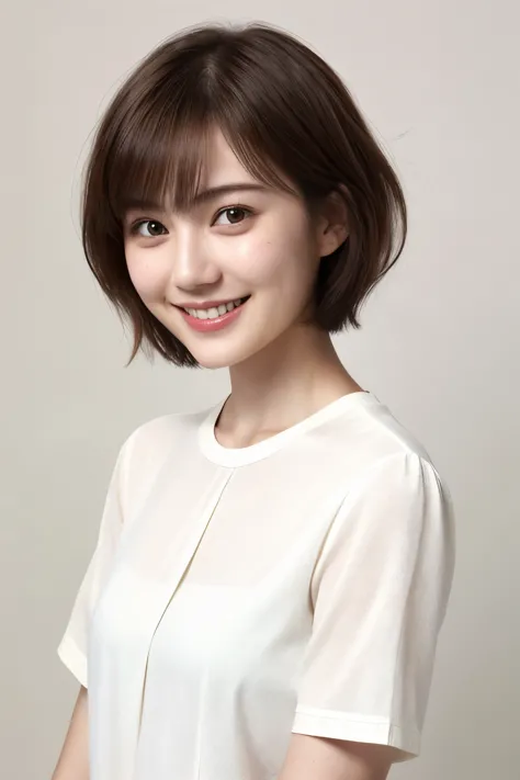225 Short Hair, 20-year-old woman, A kind smile, (Light-colored short-sleeved clothing)