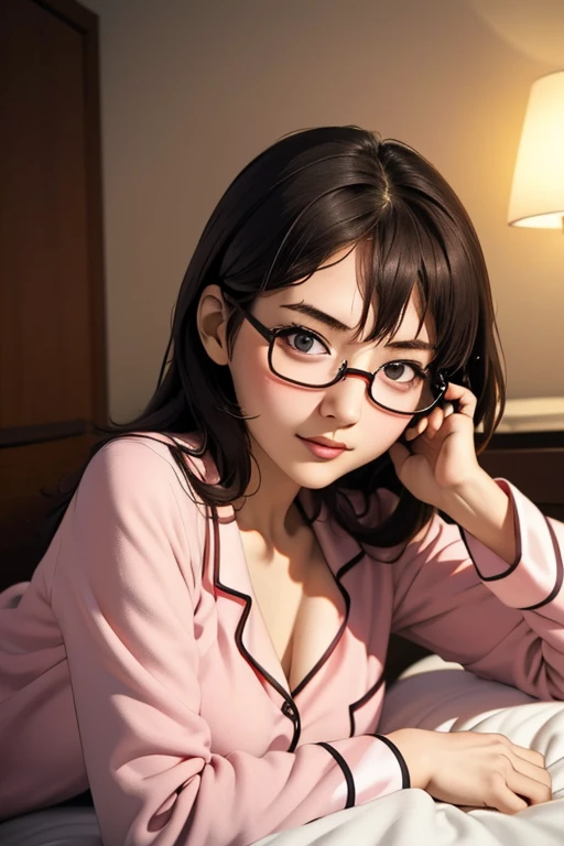 (masterpiece, highest quality), One Girl,  Satou, Satou, Glasses, pajamas, Satou, Glasses, 赤いフレームのGlasses, In bed:1.5,Head to waist,Hotel Rooms,pajamas姿,