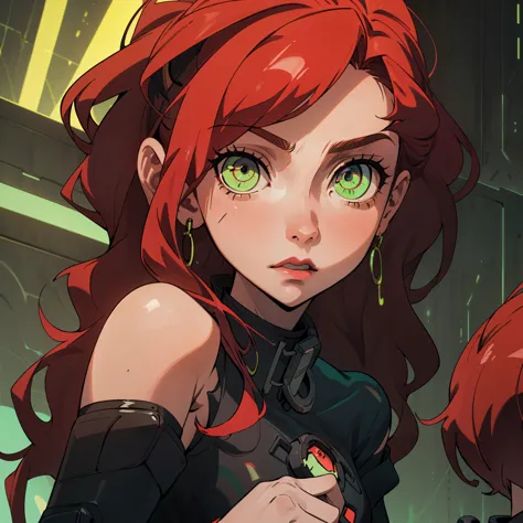 A 30-year-old woman, cabello rojo ondulado, piel clara, ojos verdes como esmeraldas, pechos grandes,  Cyberpunk glossy latex set...