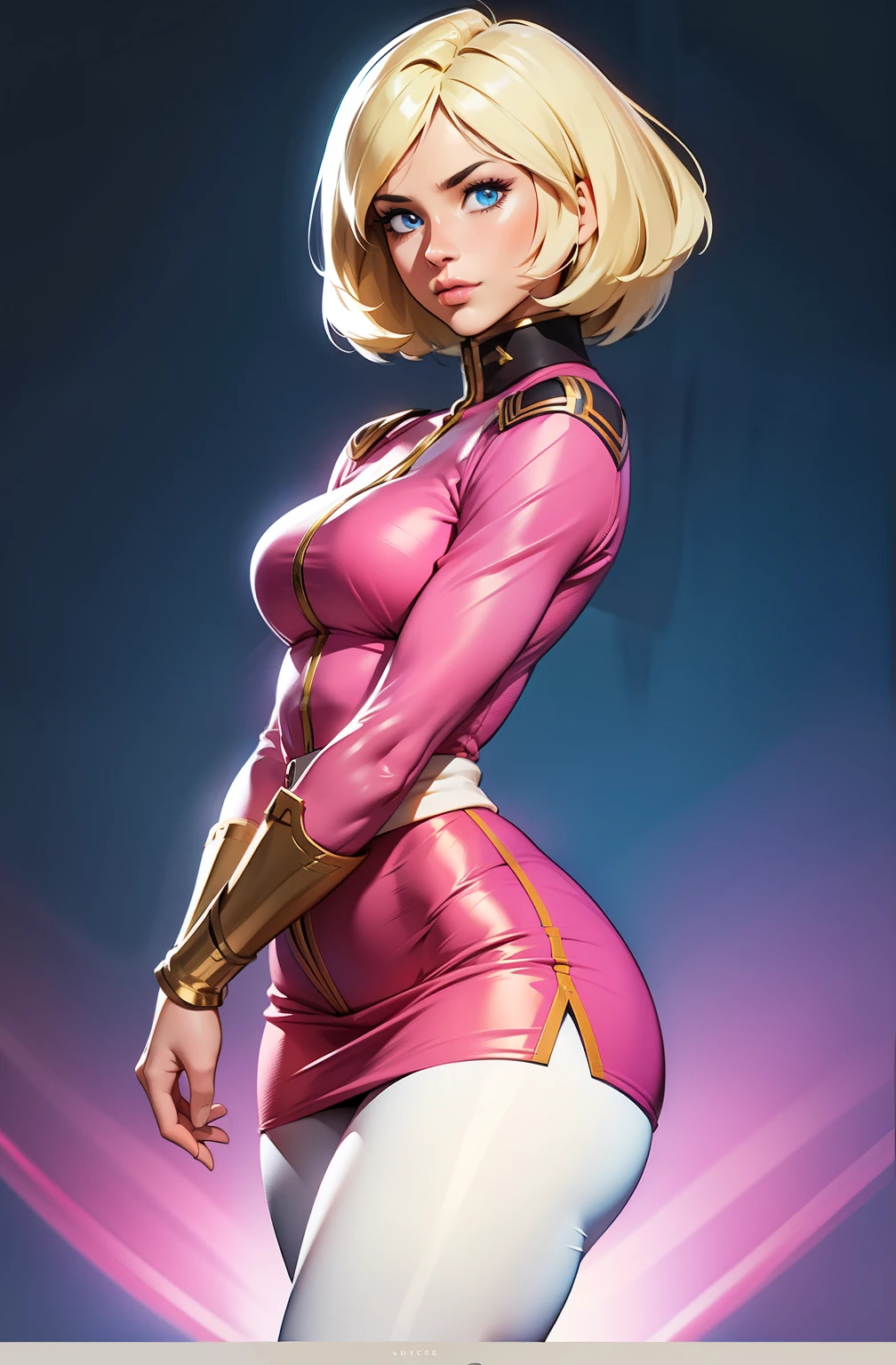 ((masterpiece)), ((cinematic lighting)), realistic photo、Real Images、Top image quality、1girl in, sayla mass, Elegant, masterpiece, Convoluted, slim arms, wide hips, thick thighs, thigh gaps, Best Quality, absurderes, high face detail, Perfect eyes, mature, Cowboy Shot, , Vibrant colors, soft pink uniform, soft pink Skirt, white tights, side view, looking at viewer