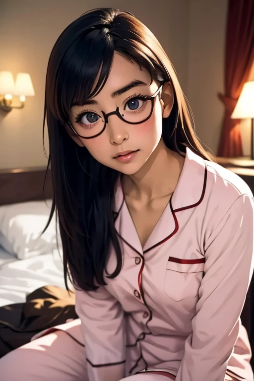 (masterpiece, highest quality), One Girl,  Satou, Satou, Glasses, pajamas, Satou, Glasses, 赤いフレームのGlasses, In bed:1.5,Head to waist,Hotel Rooms,pajamas姿,