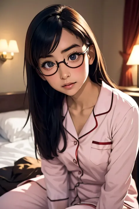 (masterpiece, highest quality), One Girl,  Satou, Satou, Glasses, pajamas, Satou, Glasses, 赤いフレームのGlasses, In bed:1.5,Head to wa...