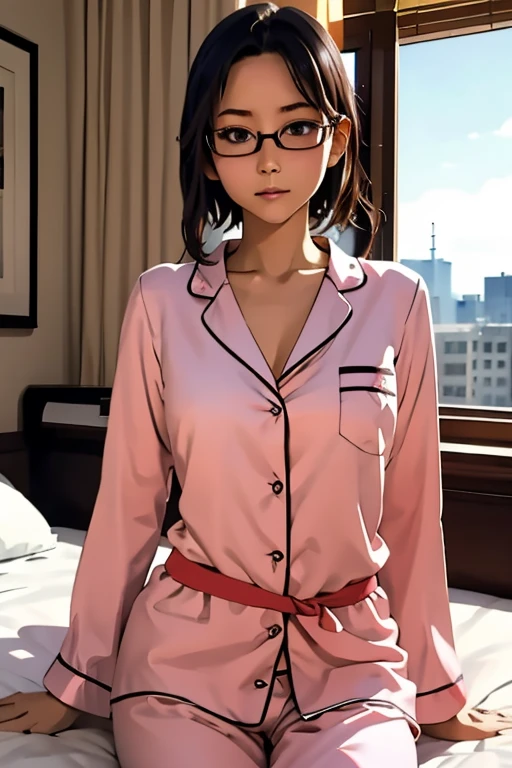 (masterpiece, highest quality), One Girl,  Satou, Satou, Glasses, pajamas, Satou, Glasses, 赤いフレームのGlasses, In bed:1.5,Head to waist,Hotel Rooms,pajamas姿,