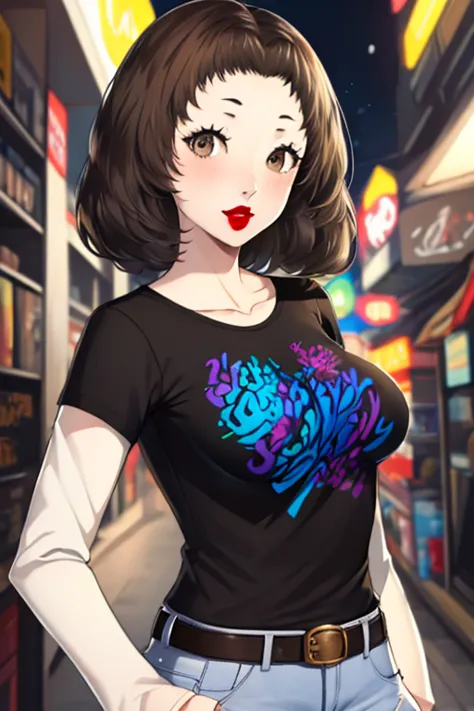 Saori hasegawa, 1girl, solo, light brown hair, black t-shirt, white shirt, blue jeans, belt, lipstick, large breasts, layered sl...