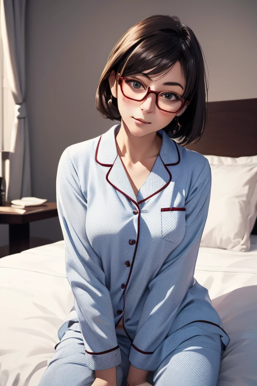 (masterpiece, highest quality), One Girl,  Satou, Satou, Glasses, pajamas, Satou, Glasses, 赤いフレームのGlasses, In bed:1.5,Head to waist,Hotel Rooms,pajamas姿,