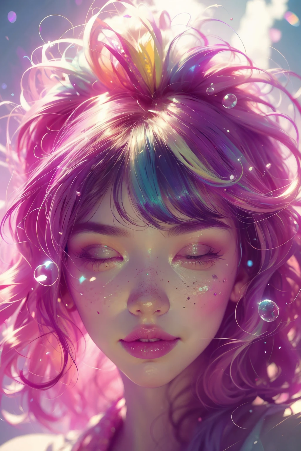 (This is a beautiful rainbow fantasy image that feels interesting and emphasizes glitter and iridescence.) Generate a ((blind)) curvy woman with colorful curly hair and milky white eyes. Her face is important and is perfectly formed with puffy lips and perfect features. (Her eyes are critically important and are (blank) and (solid white)). The image exudes ethereal beauty and soft fantasy. Include sweet and detailed birds and soft, luminous flowers in all the colors of the rainbow. The image's background is decorated in shades of pink, shimmer, glitter, and fantasy details like colored bubbles and cosmos. Utilize dynamic composition to create a compelling and action-packed image. Dramatic lighting and cinematic lighting enhance the woman's beauty and the soft colors in the artwork. (((((Perspective: head on.))))) Include fantasy, cute, colorful, colourful, interesting magic background, ((((blank eyes)))), ((((empty white eyes)))), (shirome eyes:1.3), (smirking), (perfectly rendered solid whiteeyes), ((birthmark on lip)), ((pretty lips)), beautiful background, complex background, sweet background, (((rainbow)))