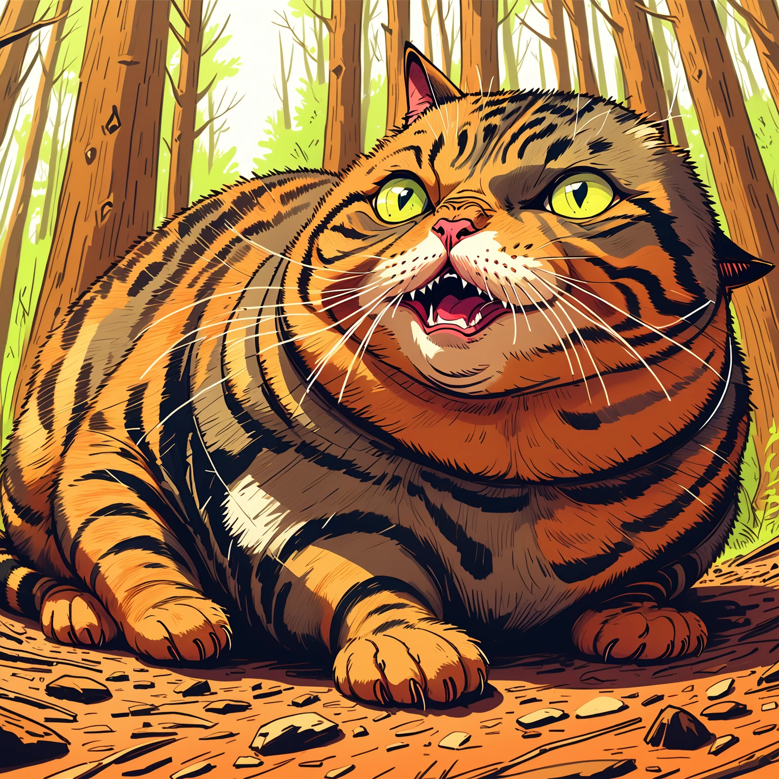 foto de camtrail, cámara de naturalezaera, cámara de naturaleza, Sincero, Fotografía al aire libre, gato chonky asustado en el bosque, Hiper Maximal, extraño, hyperrealism, rotoscopio tinta expresiva línea negrita dibujada a mano, chonky, el gato atigrado más fornido, muy intensamente fornido, desbordándose en todas direcciones, fuerte, rotund, obeso, grande, gradación de colores ricos, sombreado de celdas, Colores cálidos, colores unificados, cinematográfico, Absurdo, haciendo cara tonta, hilaridad de la expresión facial