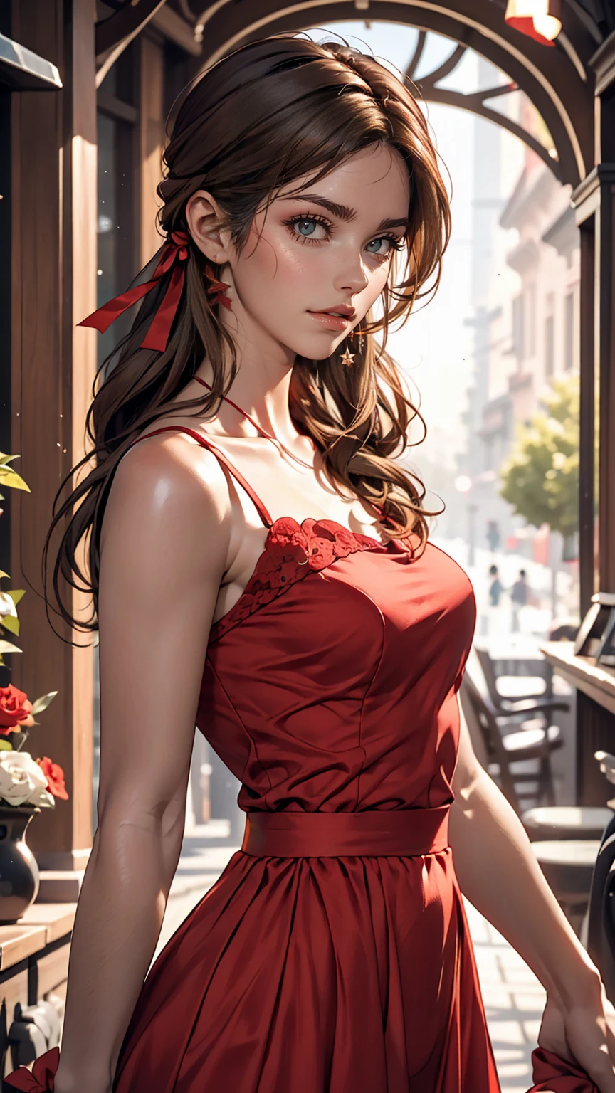 25 years of life, Brown Hair, Fair skin, Realistic, Long hair tied with a red ribbon, Light brown eyes, Red dress, 8K images, Realistic human skin, Image of real ,