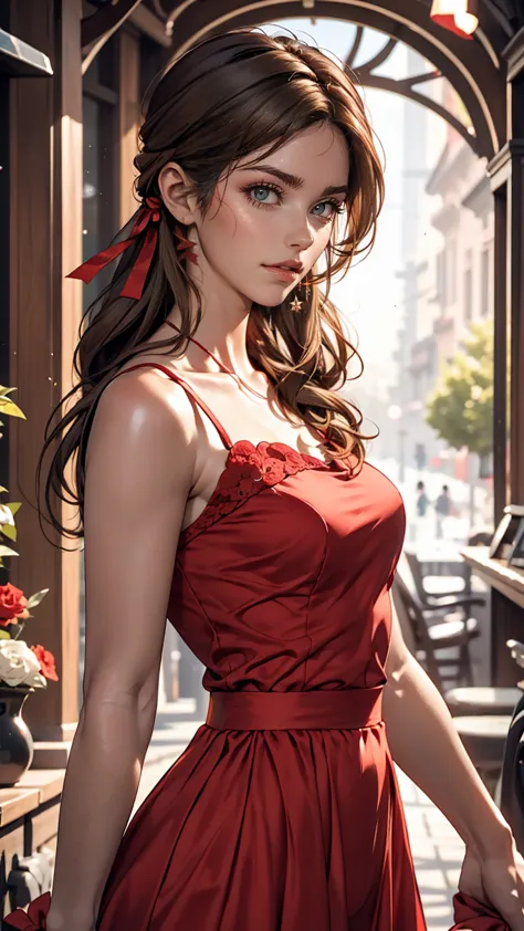 25 years of life, Brown Hair, Fair skin, Realistic, Long hair tied with a red ribbon, Light brown eyes, Red dress, 8K images, Re...
