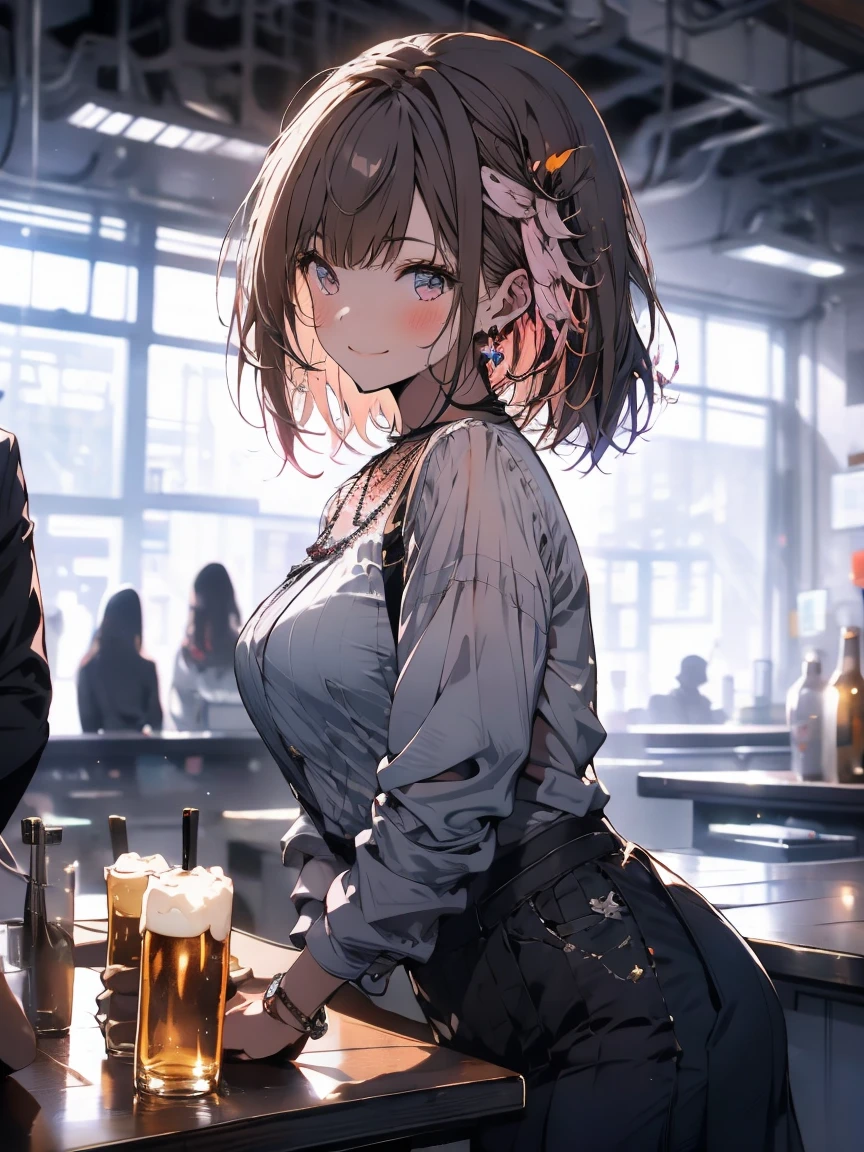 2 girl, office lady, large breast, wearing pink shirt, ivory pleated skirt, wind blows up the skirt, necklace, earrings, brown hair, cute face, smile, blushing, leaning forward, drink beer, restaurant, cherry blossom, back view, backward, low angle, angle of view looking up from below, pop-up, UHD, masterpiece, best quality