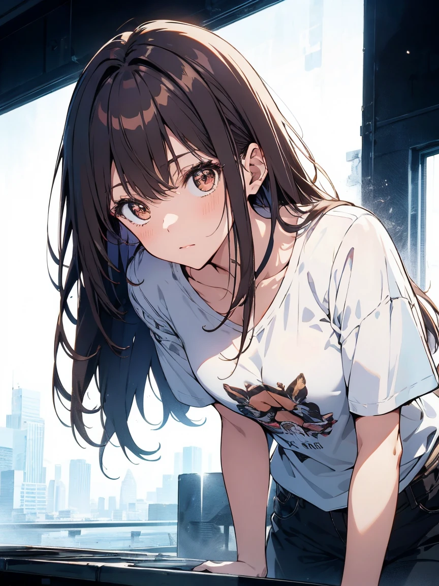 delicate colors, bright colors, beautiful, downblouse, loose t-shirt, leaning forward, brown hair, long hair, leaning forward, loose t-shirt, downblouse, illustration, cowboy shot, anime, UHD, masterpiece, high quality