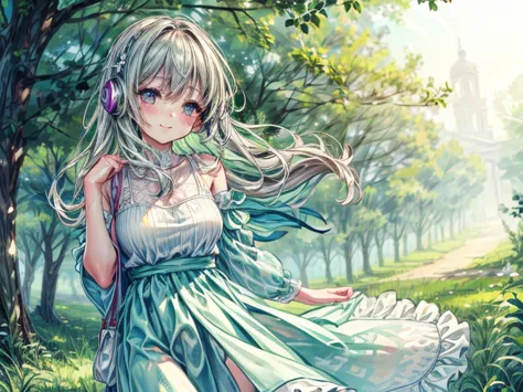 beautiful and happy girl in 2d, listening to music in a grass and trees and the background that is blurred and that it is daytim...