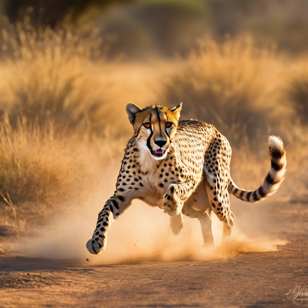 (best quality,4k,8k,highres,masterpiece:1.2),ultra-detailed,(realistic,photorealistic,photo-realistic:1.37),cheetah chasing Impala,high-speed motion blur,fast, agile cheetah,quick, panicked Impala,grasslands of Africa,savannah ecosystem,dry, golden plains,vibrant wildlife,thrilling chase,explosive energy,heart-pounding pursuit,action-packed scene,aquiline cheetah body,sharp claws,rippling muscles,graceful leap,fluid movements,graceful Impala leaps,graceful long legs,serene Impala antelope,resilient prey,game of survival,natural instincts at play,ferocious predator,hunt or be hunted,exhilarating hunt,leap for survival,stunning wildlife photography,natural beauty of Africa,sunset colors painting the sky,dramatic lighting,immersive atmosphere,vivid colors blend seamlessly,majestic creatures in their natural habitat,transformative chase sequence,fast-paced motion,stunning visual narrative,captivating moment frozen in time.