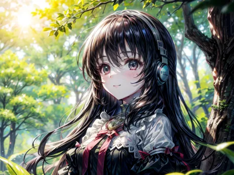 beautiful and happy girl in 2d, listening to music in a grass and trees and the background that is blurred and that it is daytim...