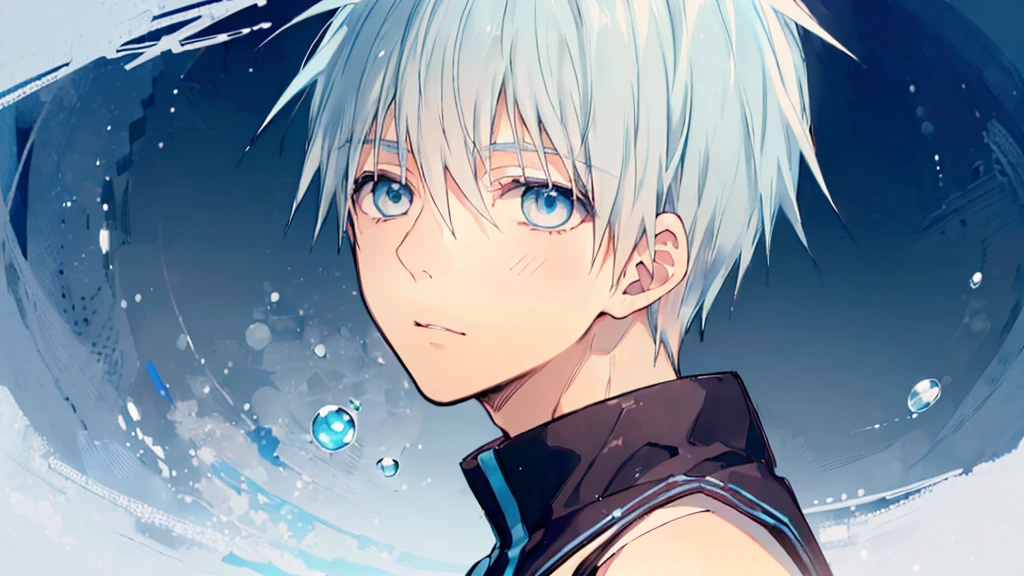 ((highest quality, super detailed,detailed eyes:1.3)),(((total 1 boy:1.2))),cool face,light blue hair,short,hair,light blue eyes,kuroko tetsuya,(black and White basketball uniform:1.2),(aqua blue aura background:1.1),(from side,portrait, on right,face focus,looking at viewer:1.1)