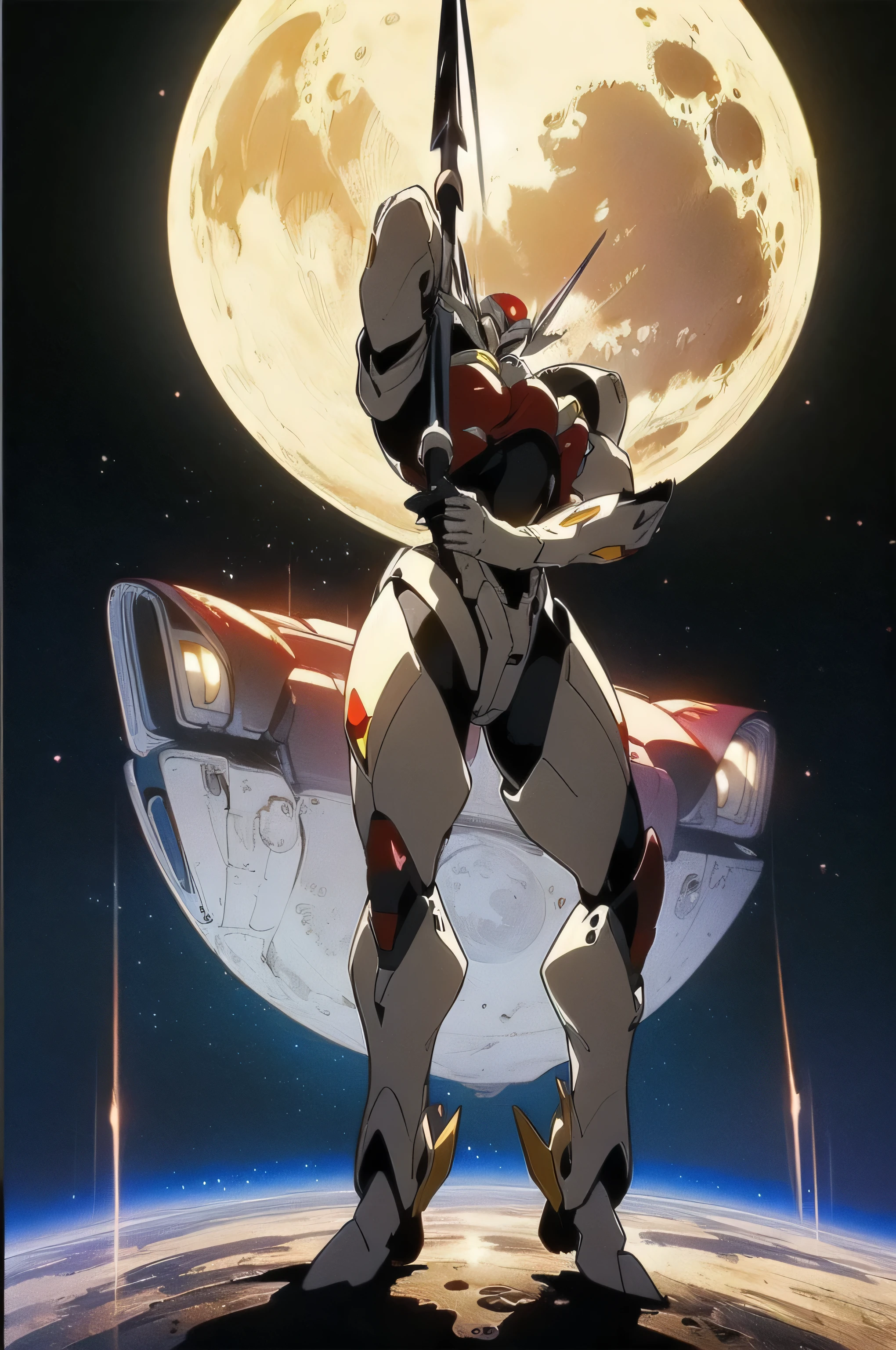 (masterpiece, best quality, 16k anime quality, high resolution, anime style, clean brush strokes, very detailed, perfect anatomy), (space background, moon surface, earth in the background), (tekkamanblade), 1 person, solo, holding weapon, blade cutting action, looking at viewer, full body shot,