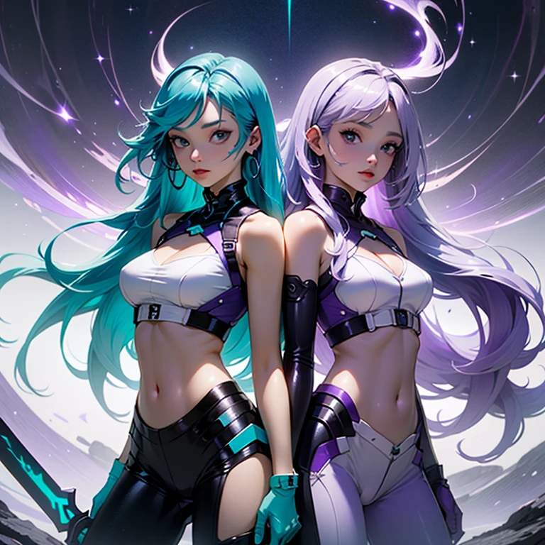 multiple girls, (Purple White Gradient Long Hair:1.5), navel, 2girls, cleavage, medium breasts, (Cyan Tornado Hair:1.5), weapon, midriff, sword, cyber costume, sparkle, colored skin, dynamic action pose, 