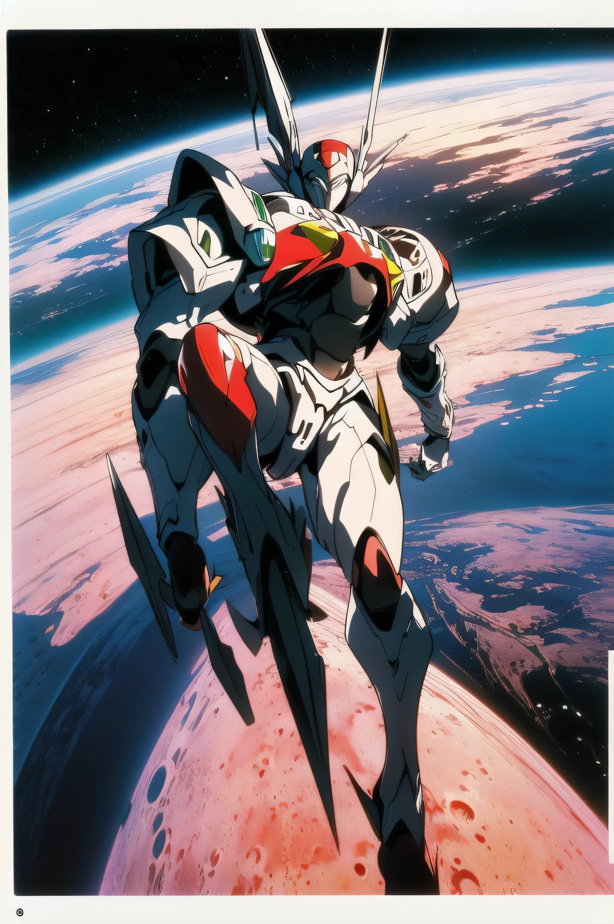 (masterpiece, best quality, 16k anime quality, high resolution, anime style, clean brush strokes, very detailed, perfect anatomy), (space background, moon surface, earth in the background), (tekkamanblade), 1 person, solo, holding weapon, blade cutting action, looking at viewer, full body shot,