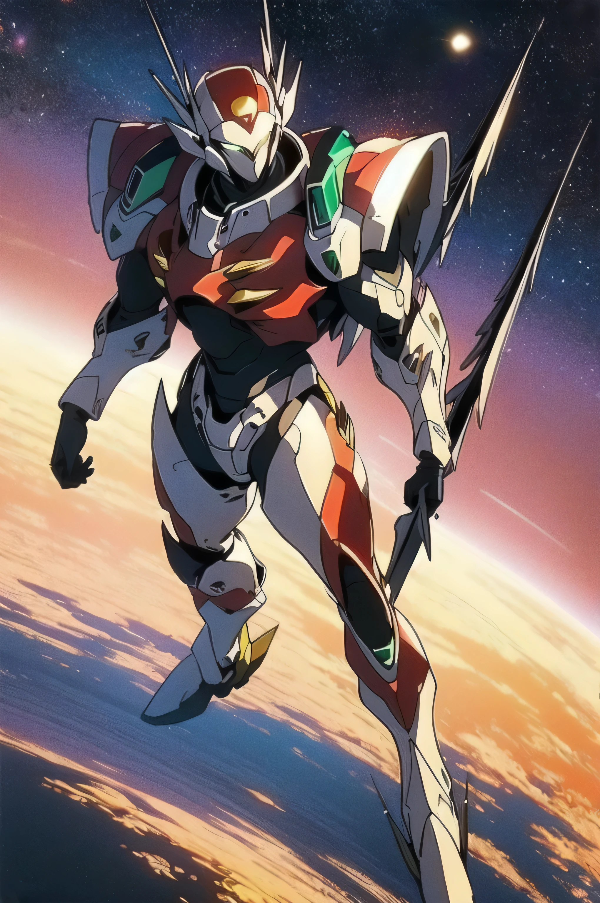 (masterpiece, best quality, 16k anime quality, high resolution, anime style, clean brush strokes, very detailed, perfect anatomy), (space background, moon surface, earth in the background), (tekkamanblade), 1 person, solo, holding weapon, blade cutting action, looking at viewer, full body shot,