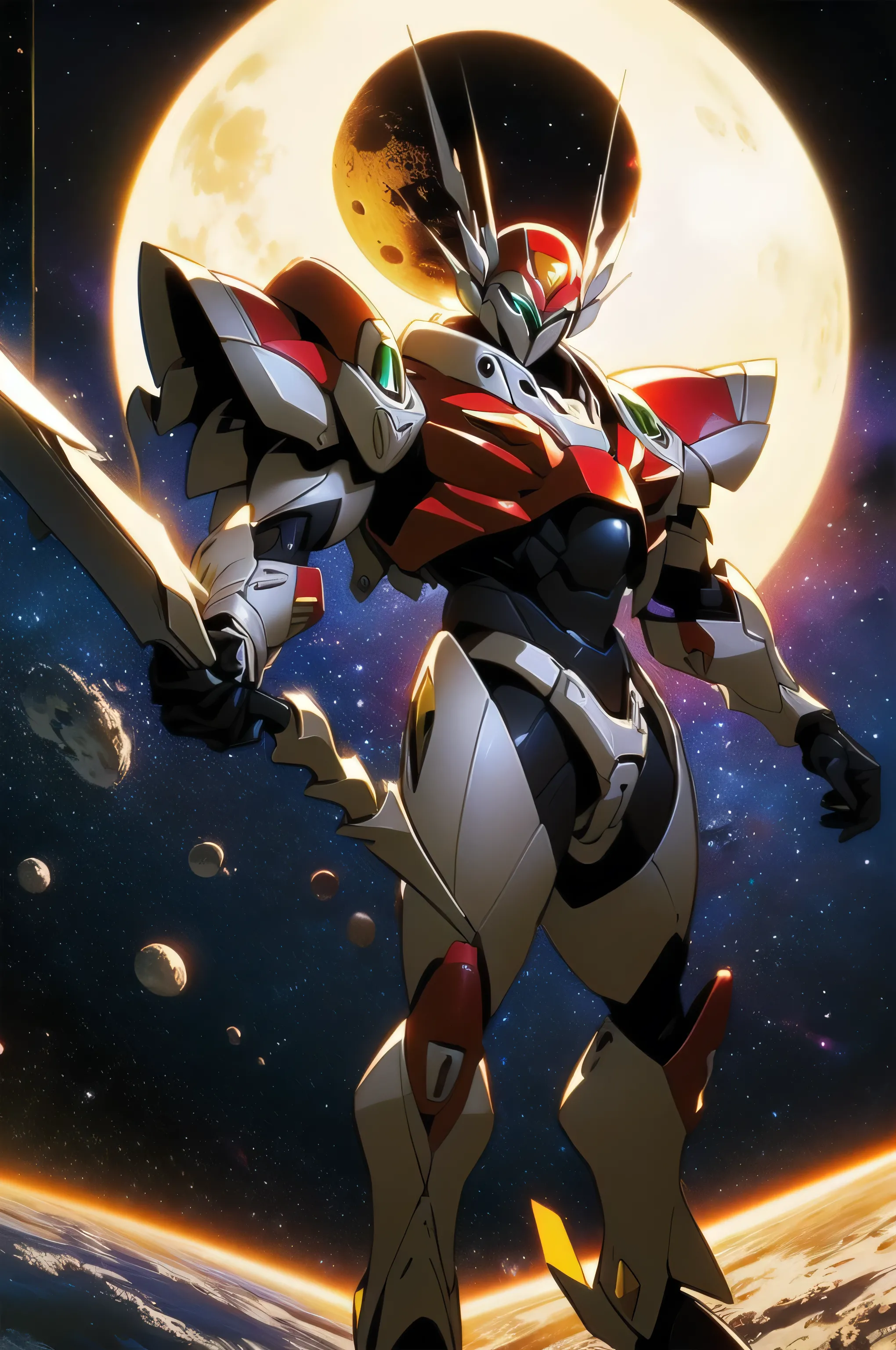 (masterpiece, best quality, 16k anime quality, high resolution, anime style, clean brush strokes, very detailed, perfect anatomy), (space background, moon surface, earth in the background), (tekkamanblade), 1 person, solo, holding weapon, blade cutting action, looking at viewer, full body shot,