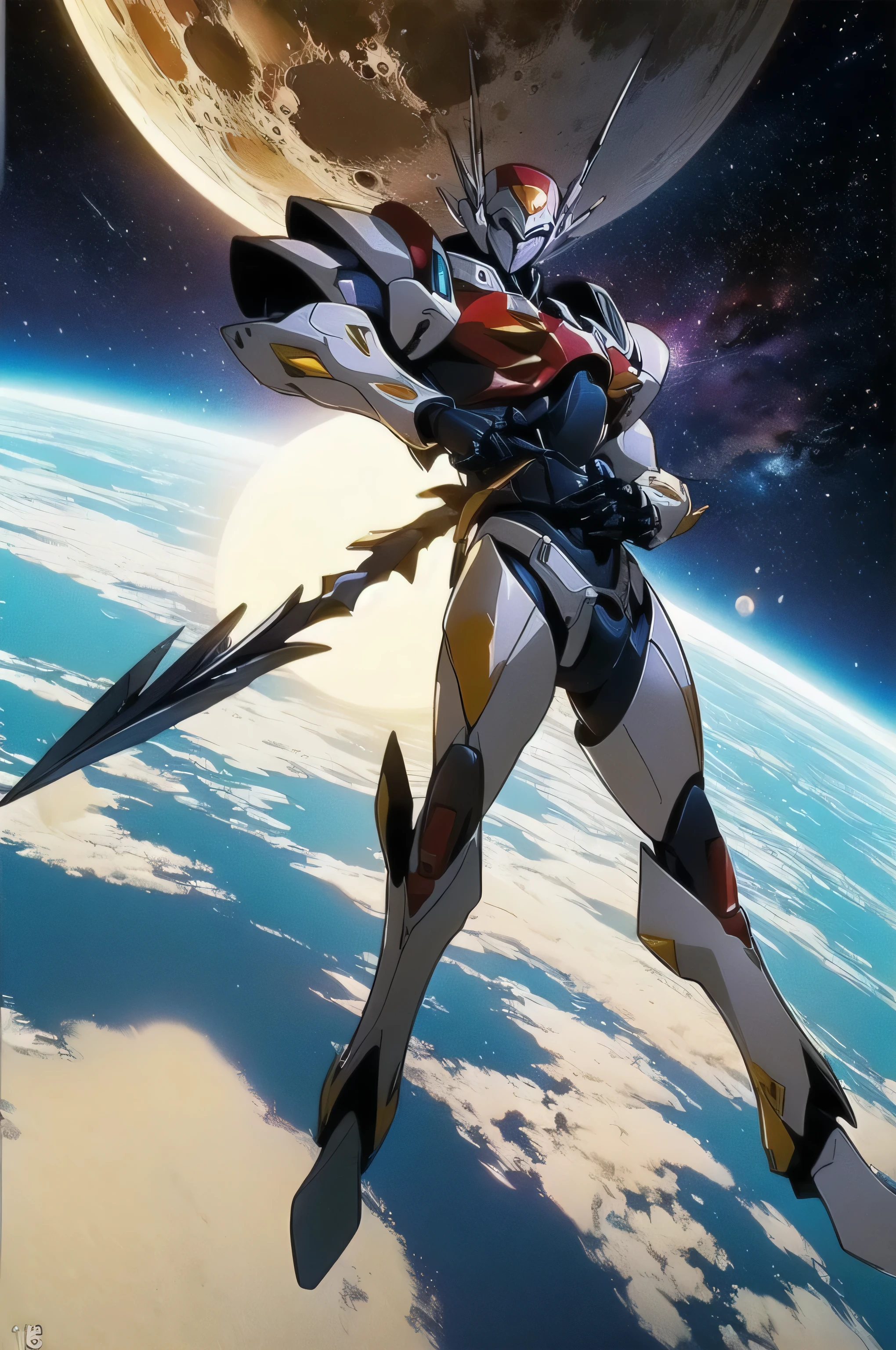 (masterpiece, best quality, 16k anime quality, high resolution, anime style, clean brush strokes, very detailed, perfect anatomy), (space background, moon surface, earth in the background), (tekkamanblade), 1 person, solo, holding weapon, blade cutting action, looking at viewer, full body shot,