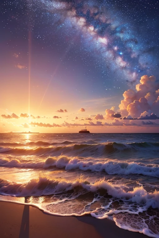 Hyper realistic 8k, ultra detailed, (Best Quality digital illustration Masterpiece of planet Earth in outer space), ((No Man)), (Beautiful planet Earth Illustration), (Beautiful Beach Shore), (Golden Sand), ((Waves in the distance)), (Bright Sun), (Hyperdetail, Dynamic Camera), (Wide Angle), (Celestial Lighting), (Vivid Colors and Saturation), (trending on artstation), ((beautiful sunset)), (aqua colored water),