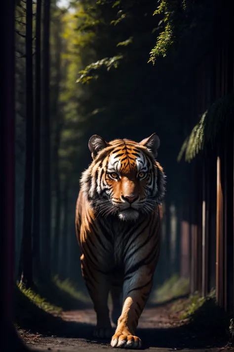 (best quality,8k,highres,masterpiece:1.2),tiger in-between trees and plants, lurking, light and shadows, mystery, magical majest...