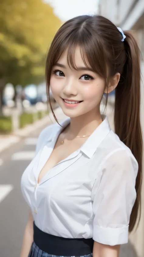 bright表情、Photorealistic:1.32、highest quality、超A high resolution、最も美しい日本のgirlの写真、Cute and beautiful face details、Small Face、美しいbangs、14 years old、Radiant, fair, glowing skin、Hair gets tangled in the face、(girl１Only people:1.3)、顔まで伸びるbangs、bangs、Hair between...