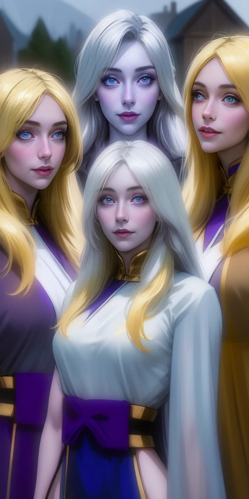 (Triplets) (chest covered) (smile) Gray skin, pale golden hair and violet eyes. They prefer clothing of white and silver with cloaks of deep blue or purple, village background, ((very precise detailed)) ((high res)