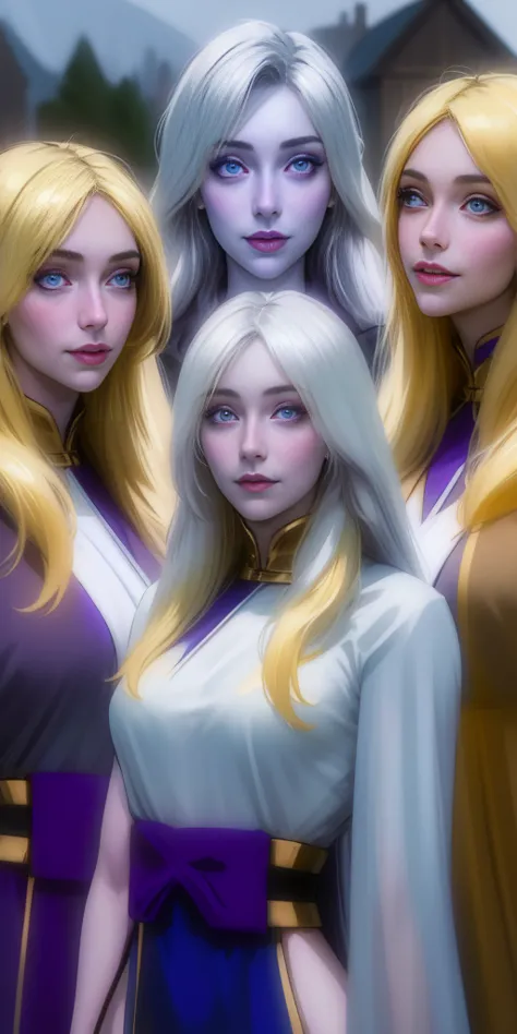 (Triplets) (chest covered) (smile) Gray skin, pale golden hair and violet eyes. They prefer clothing of white and silver with cl...