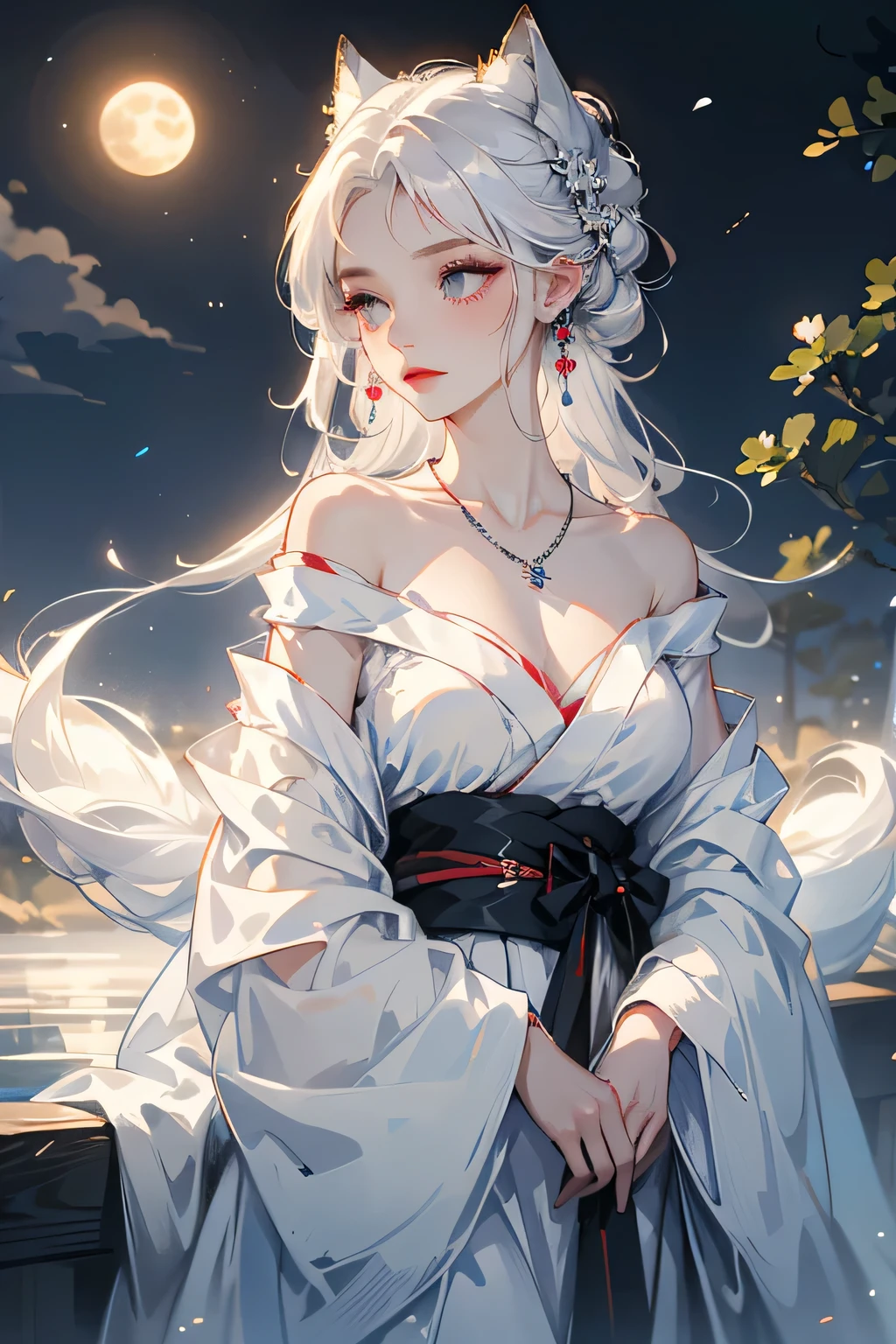 (masterpiece, highest quality:1.2), 1 girl, alone, ((Off-the-shoulder kimono、necklace)), ((night)), ((White Hair))lanthanum, Deep in Wonderland，The moonlight pours down like water，fog，The heroine&#39;s figure is vaguely visible，Big Breasts,Cute face，Slightly upturned corners of the mouth，Like a fairy,Clothes Fluttering，Her hair is casually tied back，A few strands of hair are swaying gently in the wind、Beautiful cleavage、(Fox Ears,Fox&#39;s Tail、Fox）(huli,Fox ear):1.5、Underwear shoulder straps
