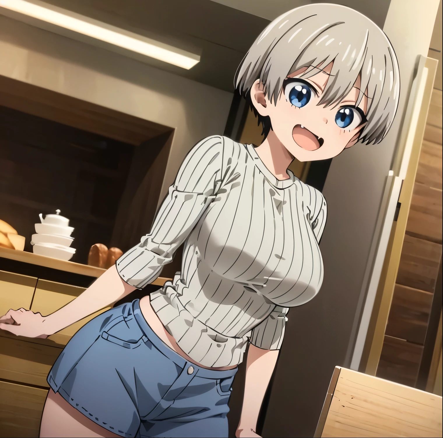 Anime girl with short gray hair and blue eyes in a kitchen - SeaArt AI