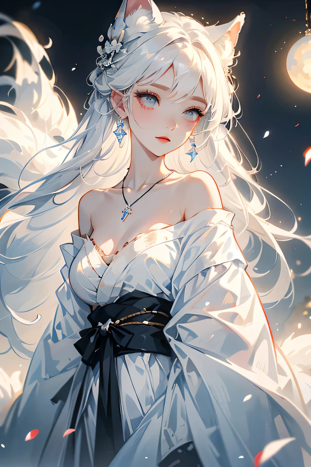 (masterpiece, highest quality:1.2), 1 girl, alone, ((Off-the-shoulder kimono、necklace)), ((morning)), ((White Hair))lanthanum, Deep in Wonderland，The moonlight pours down like water，fog，The heroine&#39;s figure is vaguely visible，Big Breasts,Cute face，Slightly upturned corners of the mouth，Like a fairy,Clothes Fluttering，Her hair is casually tied back，A few strands of hair are swaying gently in the wind、Beautiful cleavage、(Fox Ears,Fox&#39;s Tail、Fox）(huli,Fox ear):1.5、Underwear shoulder straps
