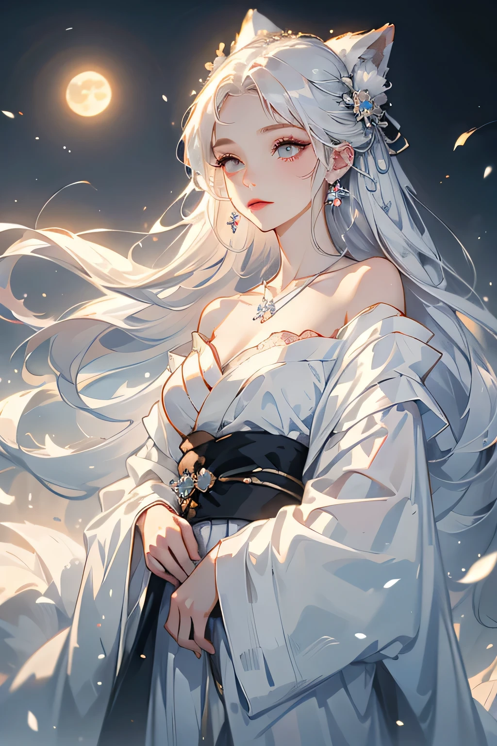 (masterpiece, highest quality:1.2), 1 girl, alone, ((Off-the-shoulder kimono、necklace)), ((morning)), ((White Hair))lanthanum, Deep in Wonderland，The moonlight pours down like water，fog，The heroine&#39;s figure is vaguely visible，Big Breasts,Cute face，Slightly upturned corners of the mouth，Like a fairy,Clothes Fluttering，Her hair is casually tied back，A few strands of hair are swaying gently in the wind、Beautiful cleavage、(Fox Ears,Fox&#39;s Tail、Fox）(huli,Fox ear):1.5、Underwear shoulder straps
