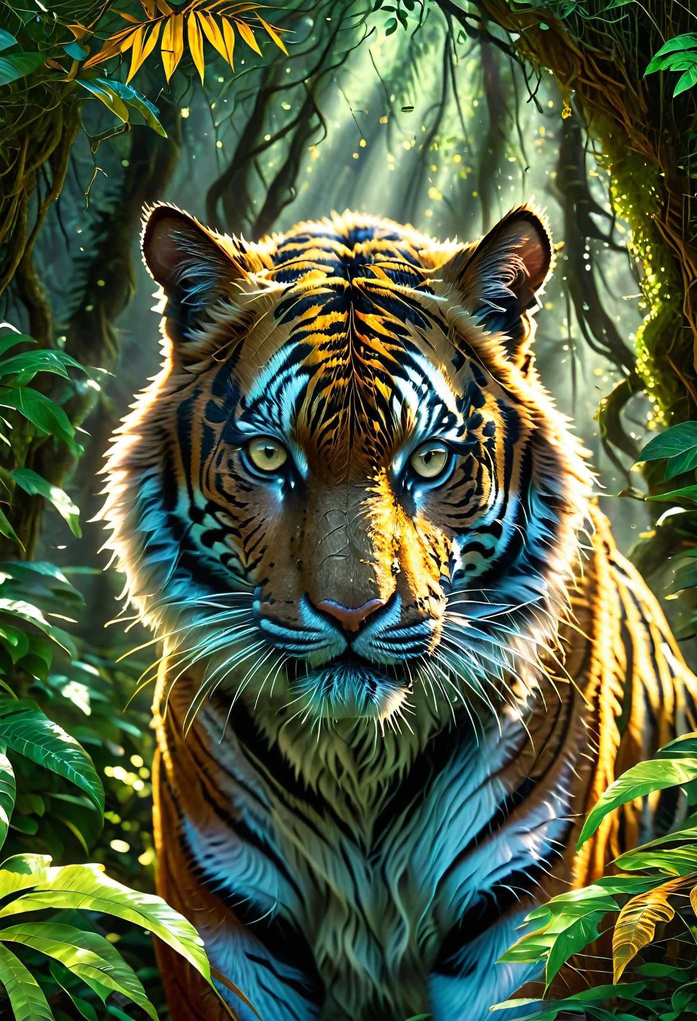 ((very close-up, face of a tiger among shadows: 1.6)), (best quality, 8k, highres, masterpiece: 1.2), between trees and plants, on the prowl, lights and shadows, mystery, magical majestic, hyper-realistic , sharpness, best photography, HD, 8K, enchanting forest habitat, vibrant vegetation, camouflage, piercing eyes, impressive muscular build, elegant yet powerful movements, subtle breath in the cold air, mystical atmosphere, ethereal presence, captivating aura, dense foliage, dappled sunlight through leaves, intricate textures, fine fur details, stunning wildlife composition, impeccable focus, captivating ambiance, untamed beauty, stunning and unseen.