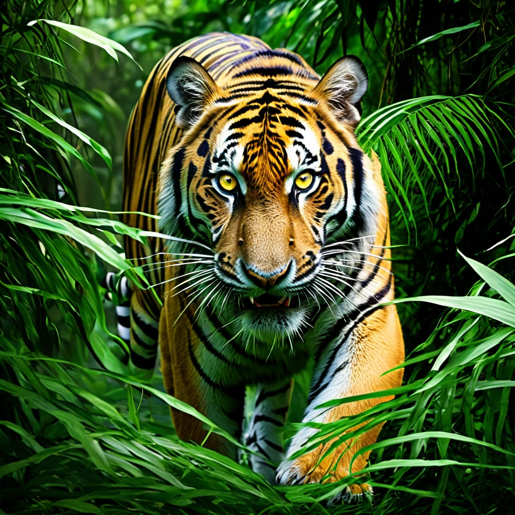 (highres:1.2),(realistic:1.37),tiger,jungle,stalks through the jungle,seeking prey,ferocious,striking,green foliage,thick vines,majestic creature,intense gaze,sharp teeth,powerful muscles,wild and untamed,hidden in the shadows,silent footsteps,intense yellow eyes,rippling stripes,camouflaged,predator,blend with the environment,alert and focused,primeval forest,stealthily moves,ready to pounce,hunting instinct,ambushes its prey,survival of the fittest,vivid colors of the jungle,piercing roars,prowling in the wilderness,wilderness sounds,unrelenting pursuit,ferocity,king of the jungle,mesmerizing beauty,intrepid hunter,lurks in the undergrowth,darting movements,graceful and agile,dominance in nature,unseen danger,invisible predator,untamed power,adapts to its surroundings,perfectly evolved,dangerous and majestic.