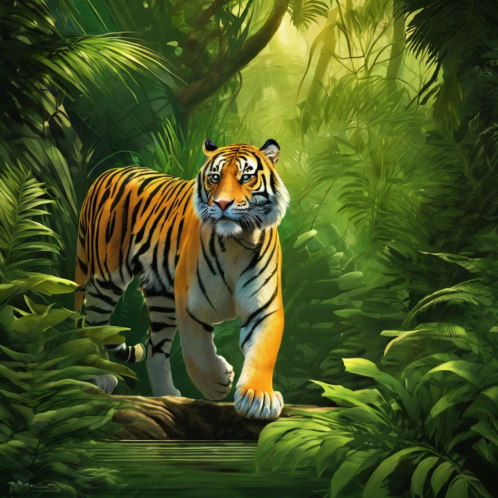 (highres:1.2),(realistic:1.37),tiger,jungle,stalks through the jungle,seeking prey,ferocious,striking,green foliage,thick vines,majestic creature,intense gaze,sharp teeth,powerful muscles,wild and untamed,hidden in the shadows,silent footsteps,intense yellow eyes,rippling stripes,camouflaged,predator,blend with the environment,alert and focused,primeval forest,stealthily moves,ready to pounce,hunting instinct,ambushes its prey,survival of the fittest,vivid colors of the jungle,piercing roars,prowling in the wilderness,wilderness sounds,unrelenting pursuit,ferocity,king of the jungle,mesmerizing beauty,intrepid hunter,lurks in the undergrowth,darting movements,graceful and agile,dominance in nature,unseen danger,invisible predator,untamed power,adapts to its surroundings,perfectly evolved,dangerous and majestic.