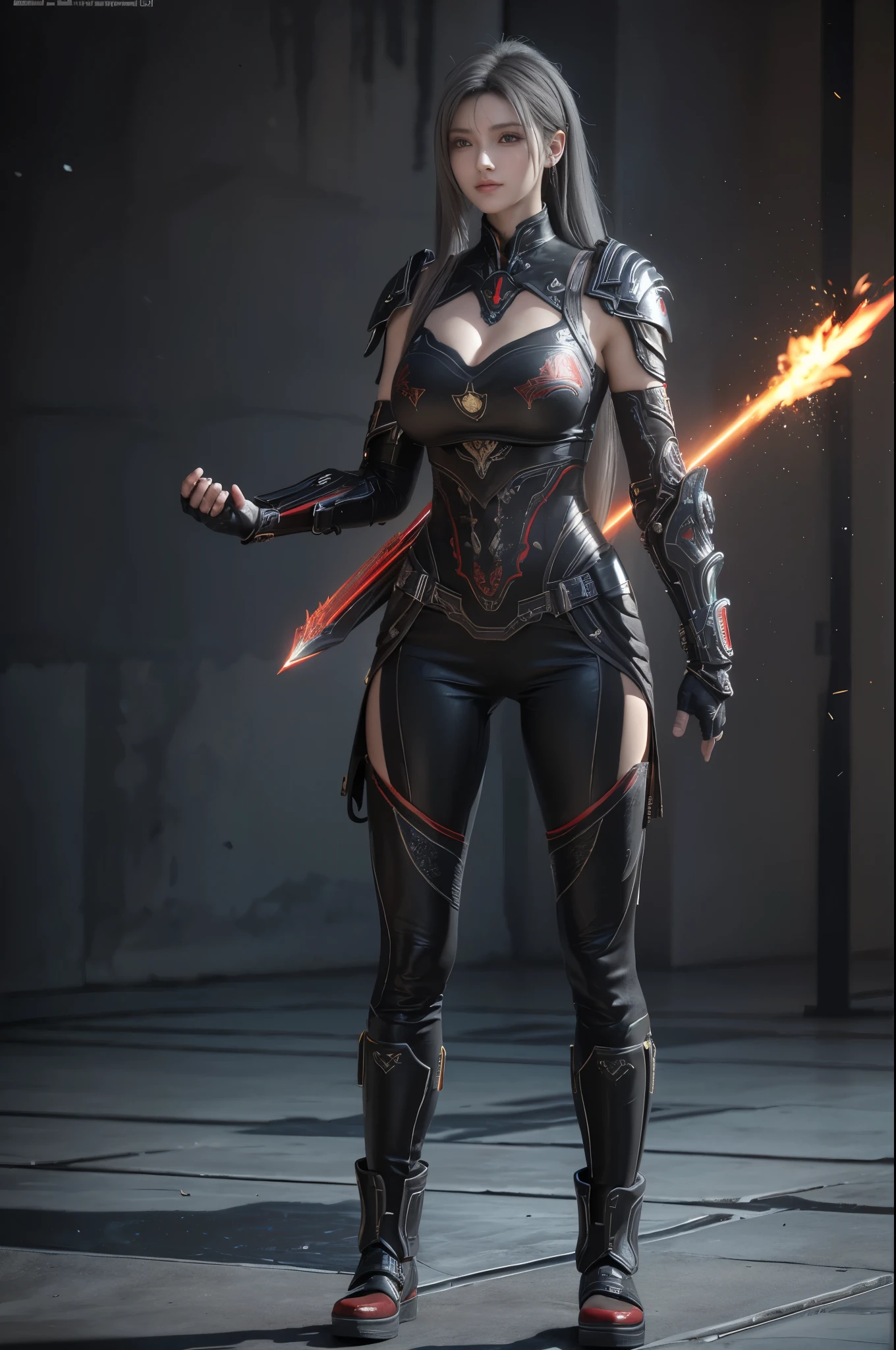 masterpiece,Game Art,Best picture quality,Maximum resolution,8k,(portrait),Unreal Engine 5 rendering works,(Digital Photography),((full-body shot)), 20 year old girl,Short hair details,Long bangs,(The red eye makeup is carefully applied),(With long gray hair:1.4),(Large target, plump breasts),Elegance and nobility,Brave and charming, (The future armor combines the characteristics of Chinese armor,hollow-carved design,Power Armor,Mysterious oriental runes,Exquisite clothing patterns,Magic Flash),Future Warrior,Cyberpunk Characters,War Background, light，Ray Tracing，Game CG，((3D Unreal Engine))，OC rendering reflection mode