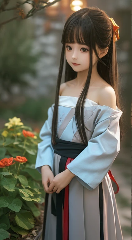 (Little Girl: 1.5), Lace, ribbon, Hanfu, (masterpiece, Side light, Beautifully and fair gray eyes: 1.2), masterpiece, Practical, Glowing eyes, Shiny hair, Black Hair, Long hair, Glowing skin, Solitary, Awkward, Strapless, Beautifully, fair, garden, Flowers, fluttering petals,